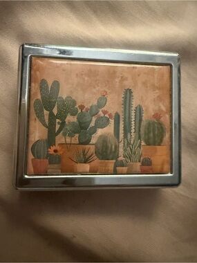 Decorative Cactus Tin Box with Silver Trim pill box